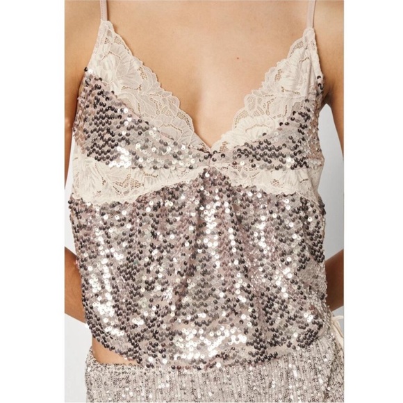 FREE PEOPLE Tank | FP Right Rhythm Sequin Cami / Champagne Pink Lace NWT - Picture 3 of 10